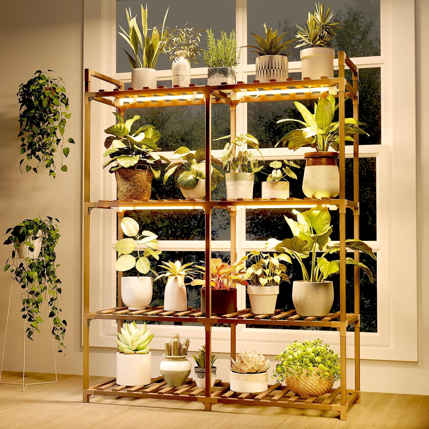 Bamworld 4-Tier Wood Plant Stand with Grow Lights