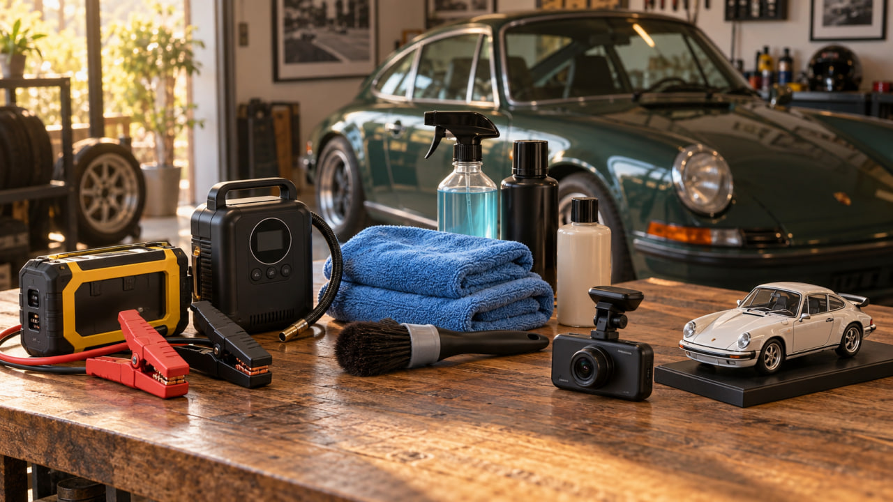 Best gifts for car lovers arranged on a garage workbench