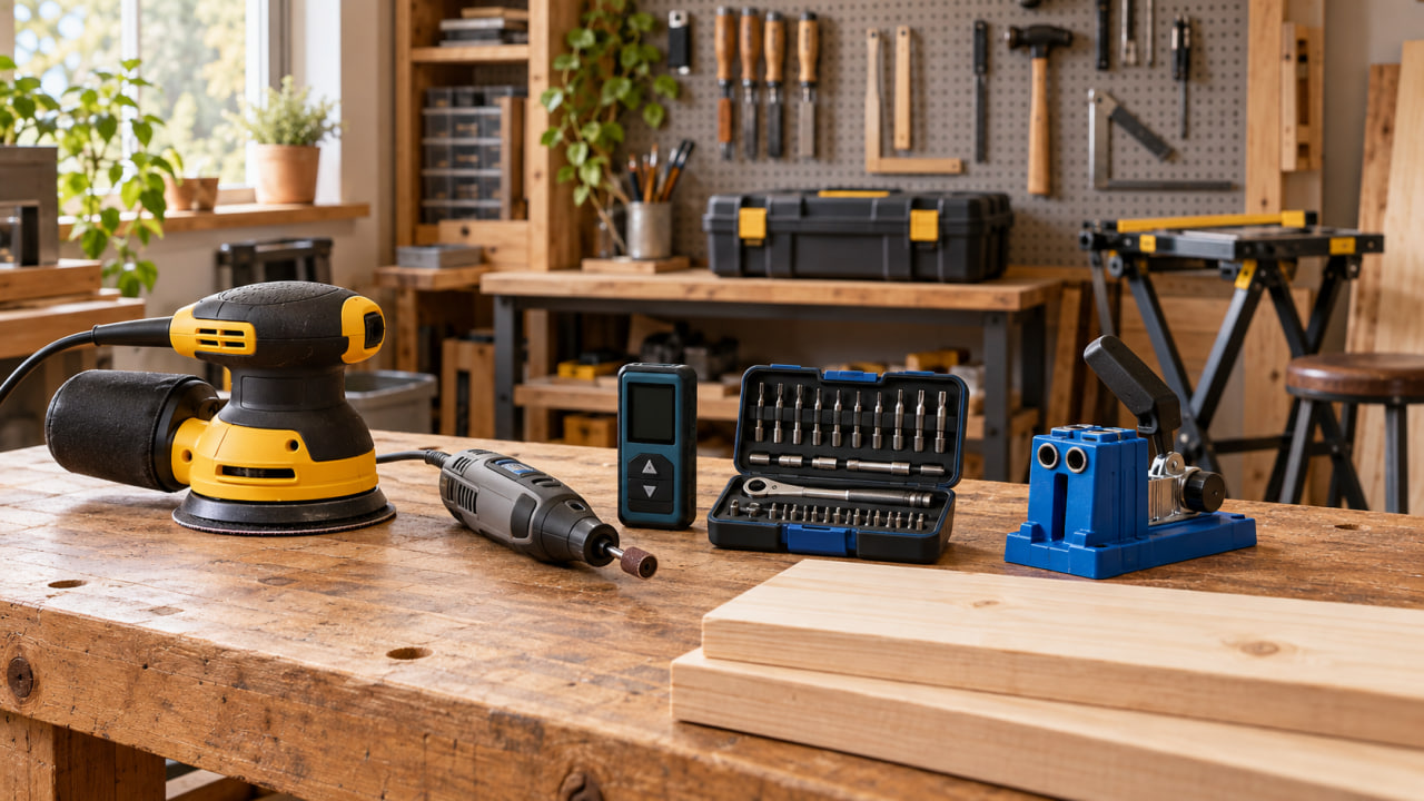 DIY tools arranged on a wooden workbench in a home workshop