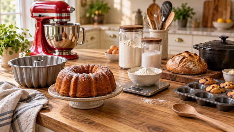 Best gifts for home bakers with a stand mixer, Bundt pan, kitchen scale, and fresh baked treats