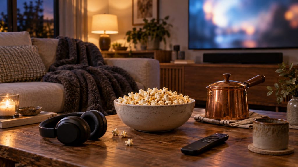 Best gifts for home movie nights with popcorn, wireless headphones, a cozy blanket, and a TV setup