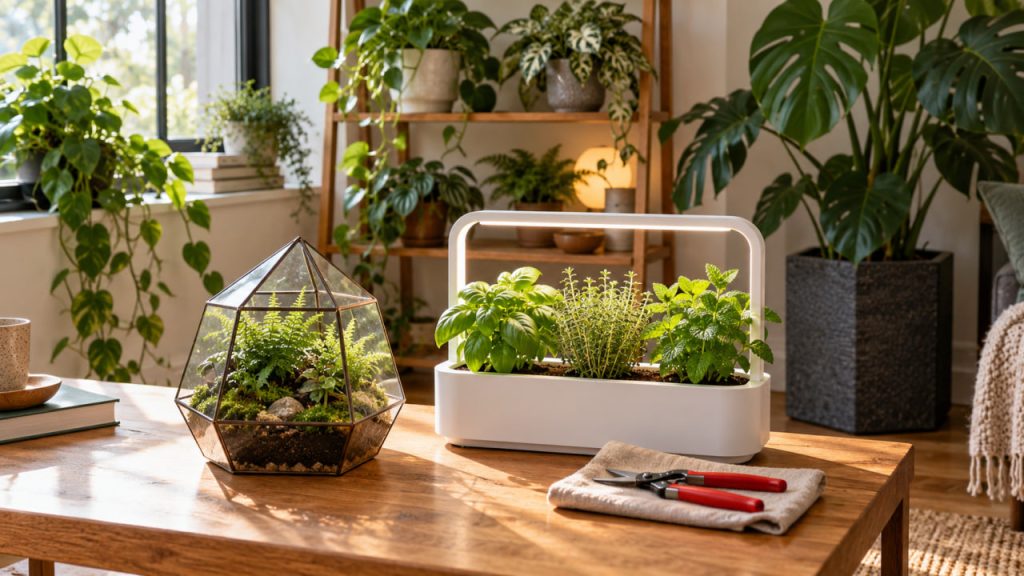 Gifts for indoor plant lovers, including a countertop herb garden, glass terrarium, and pruning tools among houseplants