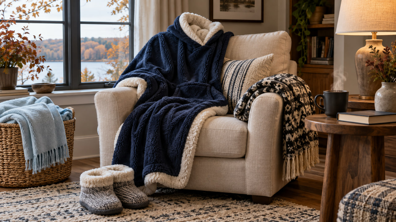 Cozy gifts for people who are always cold, with soft blankets, warm slippers, and a steaming mug beside an armchair