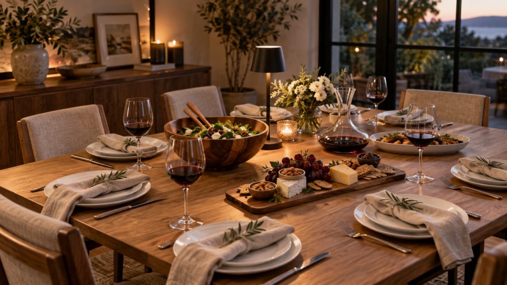 Dinner-party table with serving platters, a wooden salad bowl, wine glasses, and warm table lighting