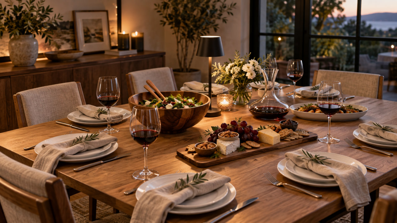 Dinner-party table with serving platters, a wooden salad bowl, wine glasses, and warm table lighting