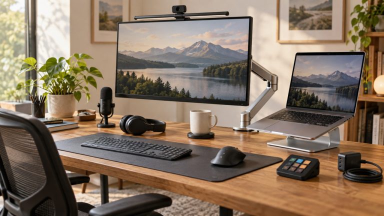 Best gifts for people who work from home arranged on a desk with headphones, a microphone, a laptop stand and a coffee mug