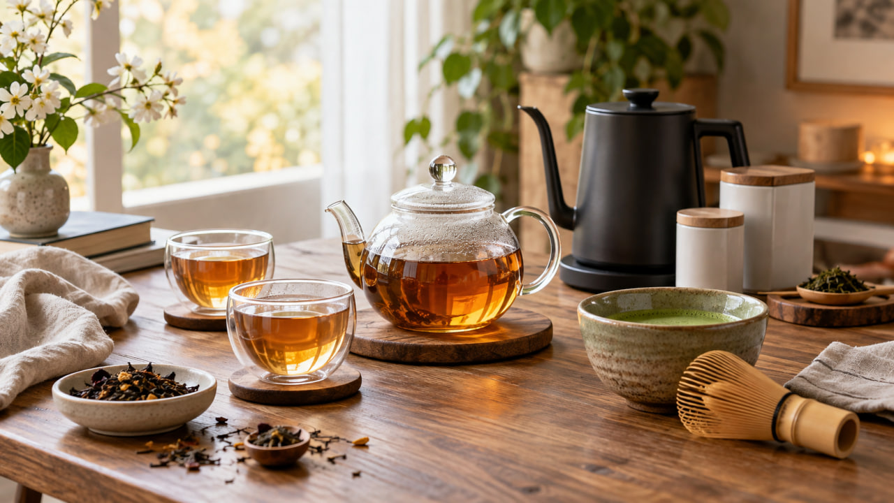 Best gifts for tea lovers with a glass teapot, tea cups, matcha bowl, kettle, and tea canisters