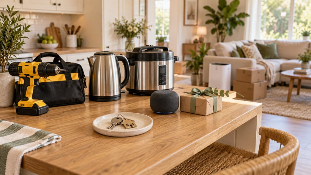 Housewarming gifts for first-time homeowners with a cordless drill, kettle, multicooker, and new house keys