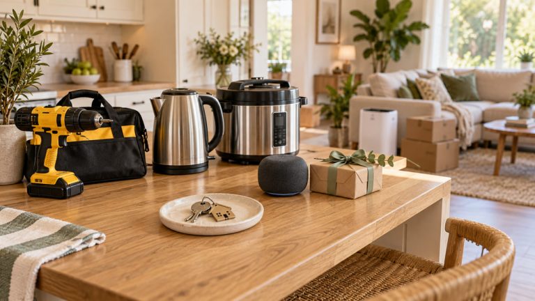 Housewarming gifts for first-time homeowners with a cordless drill, kettle, multicooker, and new house keys